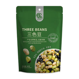 Packaging of YAMATA THREE BEANS snack showing the product name in English and Chinese, along with images of the three-colored beans (green, black, and white) on the front.