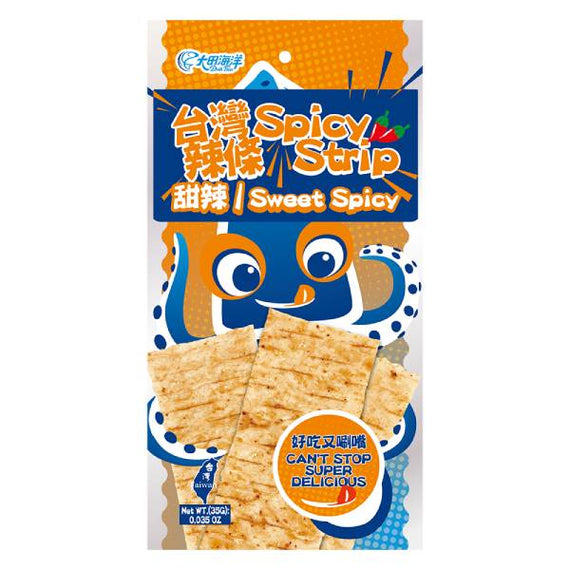 Packaging of Taiwan Spicy Strip snack with cartoon characters on a white background
DAH TIEN SPICY STRIP-Sweet SPICY
Net Weight: 35g
Country of Origin: Taiwan