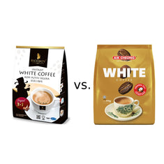 Richboy Original 3-in-1 White Coffee and Aik Cheong Original White Coffee packages side by side with “vs.” between them