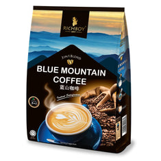 Richboy 3-in-1 Blue Mountain Coffee package with mountain scenery, coffee beans and a pictured latte in a blue cup