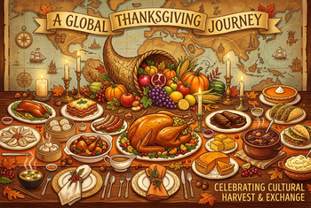 Illustrated Thanksgiving feast with roast turkey, harvest fruits, dumplings and international dishes before a world map