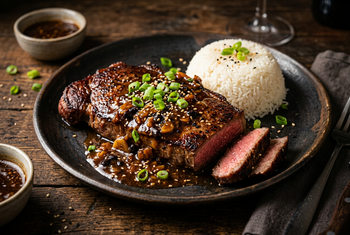 Sliced steak topped with black bean garlic sauce, scallions and sesame seeds, served with white rice on a dark plate