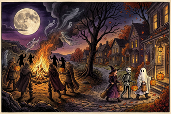 Illustration of Samhain bonfires and spirits beside children trick-or-treating with pumpkin lanterns under a full moon