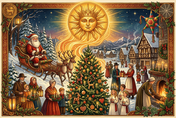 Illustrated Christmas scene with a golden sun, Santa's reindeer sleigh, decorated tree, carolers and families exchanging gifts in a snowy village