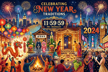 Illustrated New Year celebrations with fireworks, Chinese dragon, Japanese shrine, midnight countdown and world landmarks; artwork reads 2024