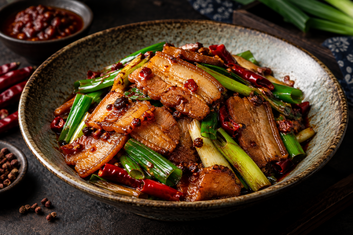 Twice-cooked pork with Chuan Wa Zi Shallot Oil Sauce, pork belly and crisp vegetables