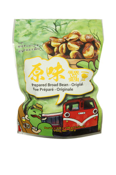 Packaged food product with a green and white label featuring a cartoon character and a red vehicle.