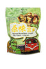 Packaged food product with a green and white label featuring a cartoon character and a red vehicle.