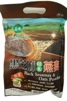 Package of black sesame and oats powder with brand logos on a white background